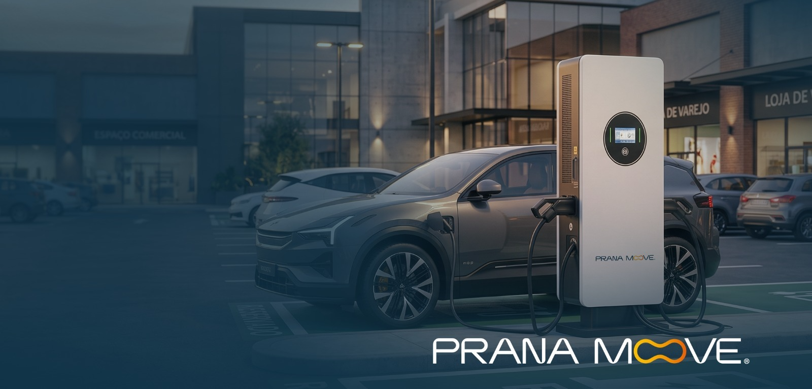 Carro elétrico carregando em posto Prana Moove em estacionamento comercial