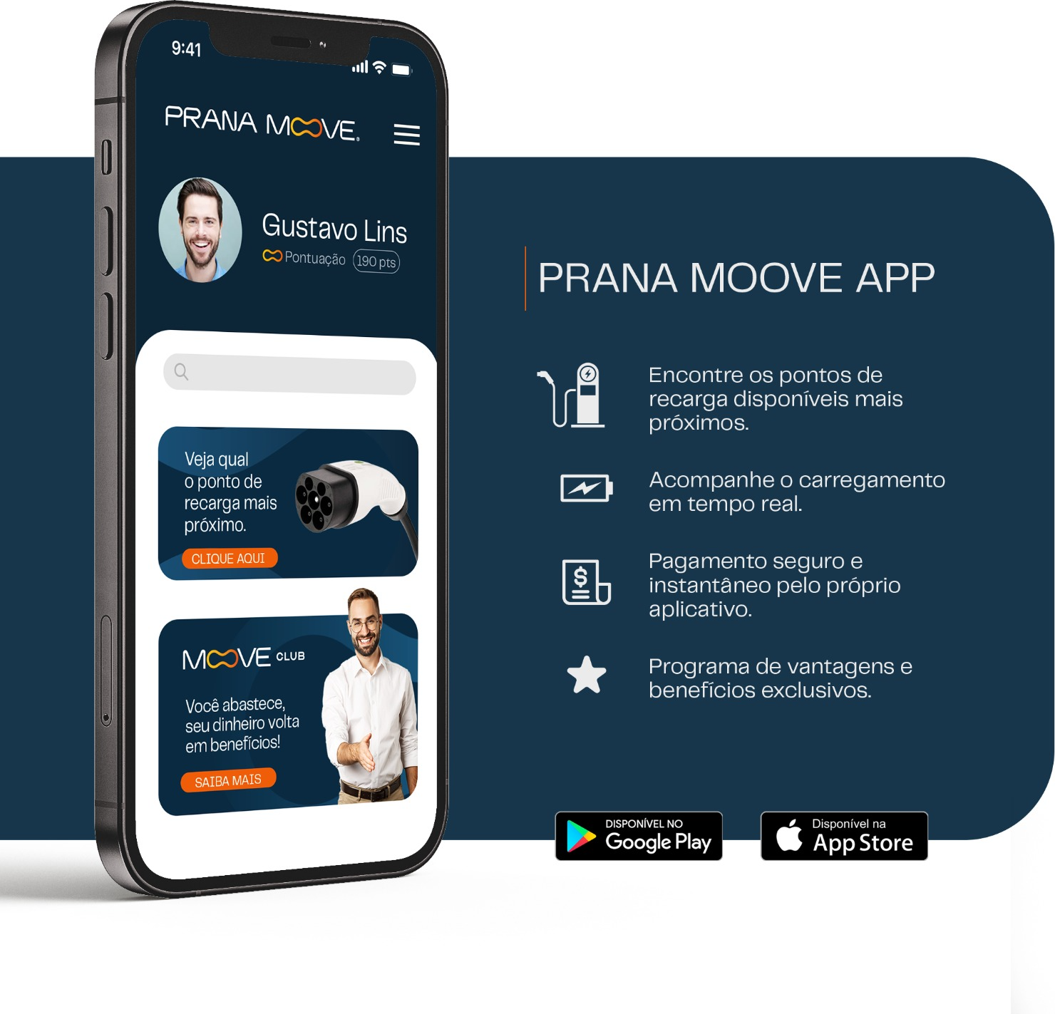 Aplicativo Prana Moove exibindo pontos de recarga e programa de vantagens