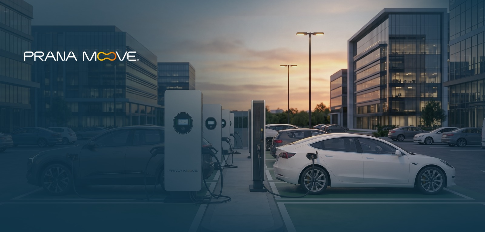 Carro elétrico carregando em posto Prana Moove em estacionamento comercial