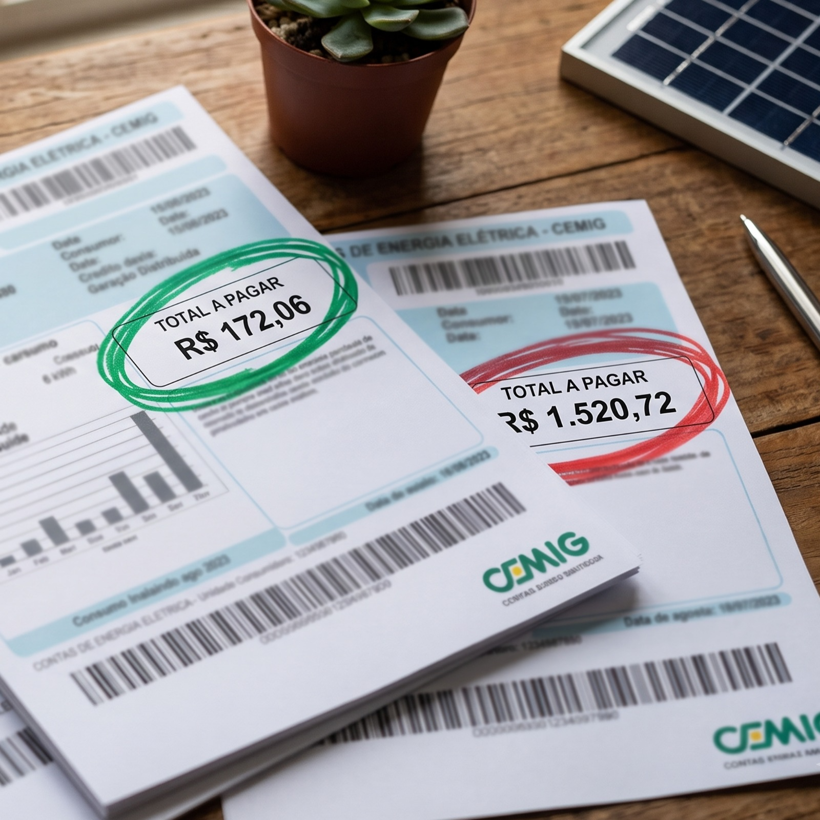 Duas faturas de energia da Cemig comparadas: R$ 1.520,72 sem energia solar e R$ 172,06 com energia solar