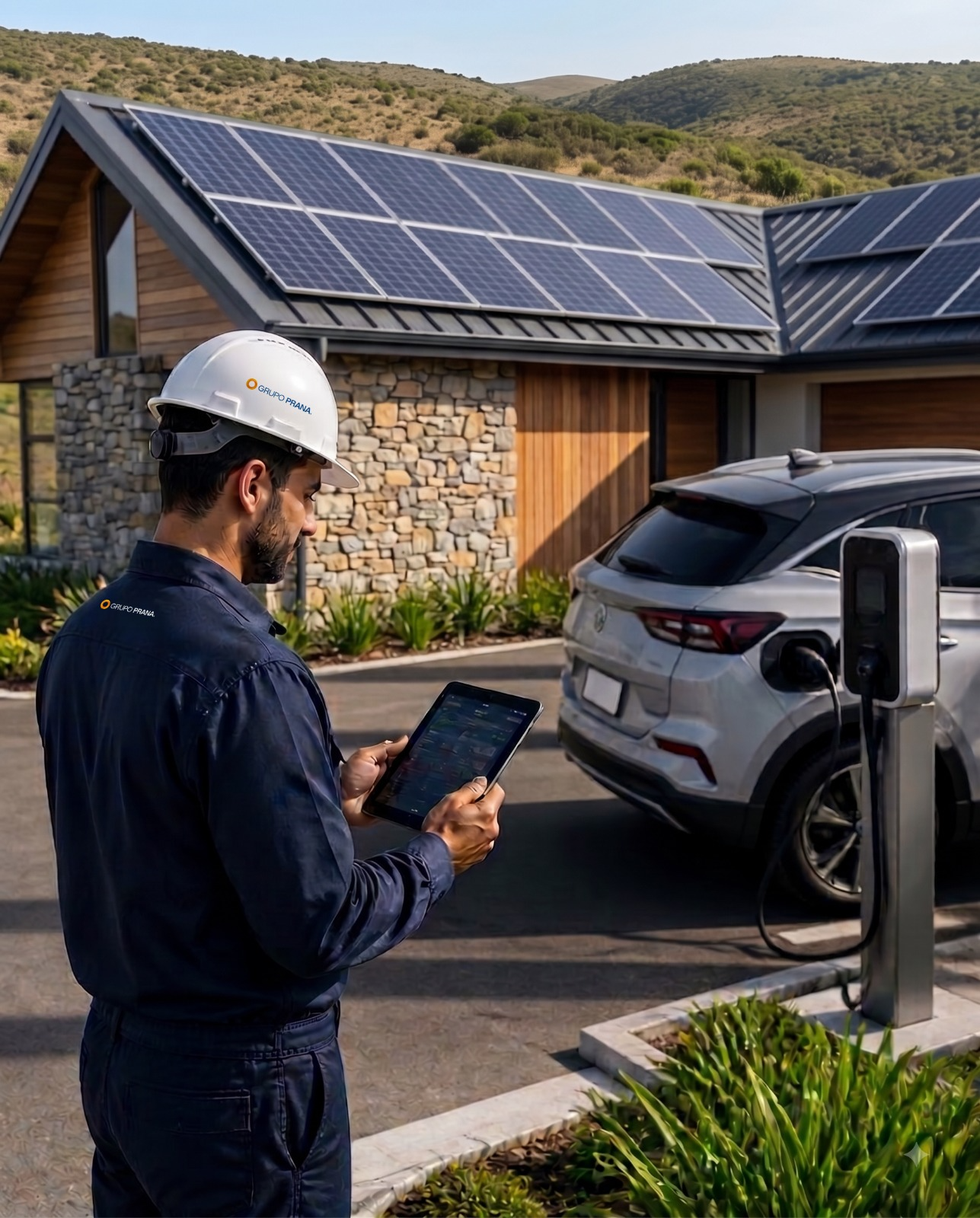 Ecossistema Prana: usina solar, armazenamento de energia e recarga de veículo elétrico