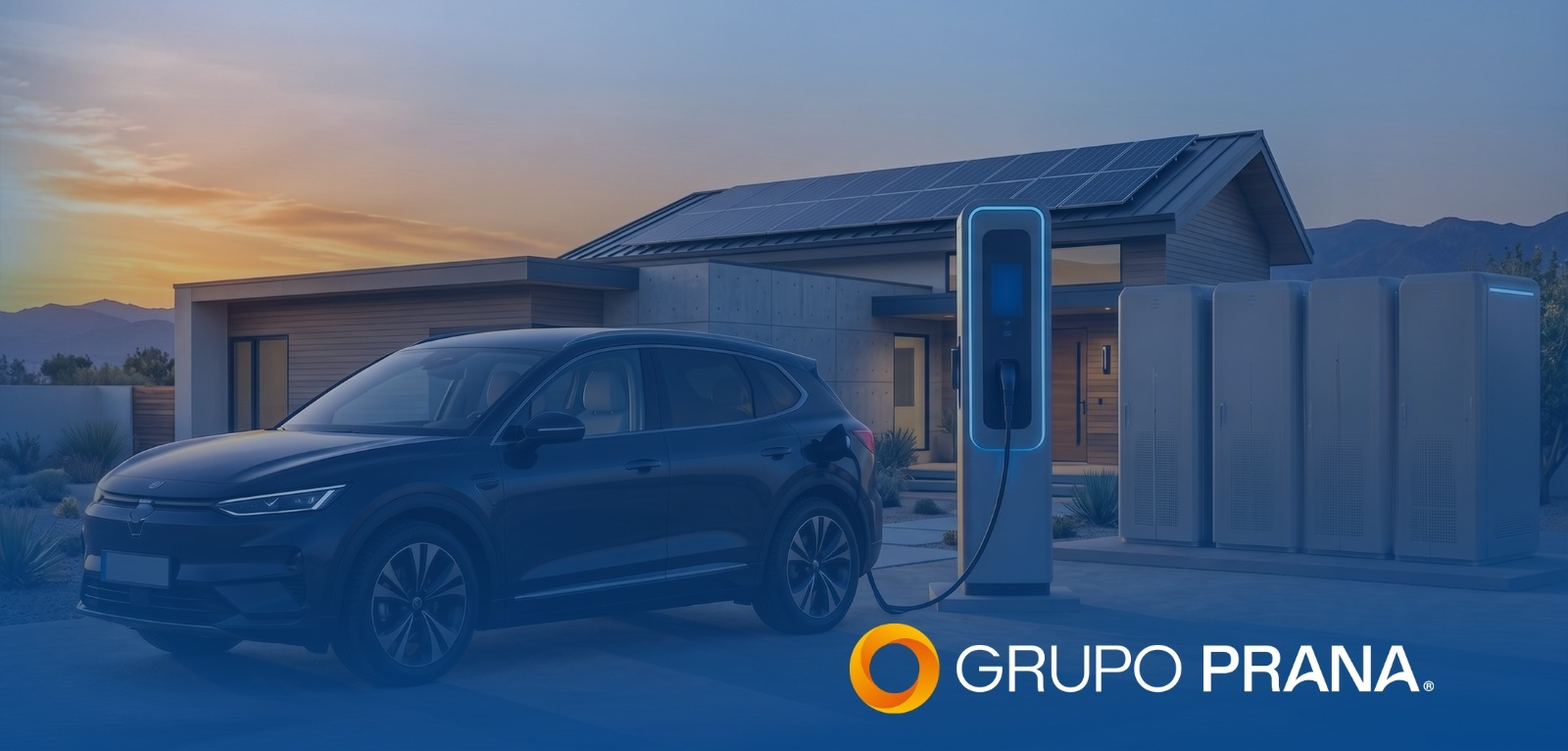 Casa com painéis solares, baterias de armazenamento e carro elétrico carregando ao anoitecer